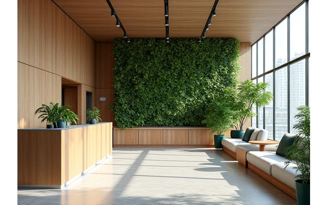 Modern commercial lobby with a large indoor living wall, natural wood reception desk, and comfortable seating, promoting employee well-being