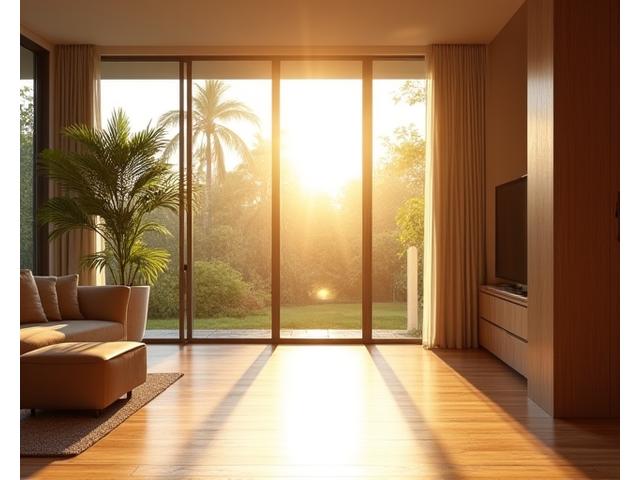 Sunlight streaming through large windows into a serene room with natural wood accents, highlighting circadian rhythm benefits