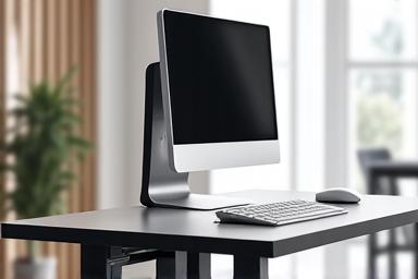 Sleek, modern standing desk with integrated cable management, showcasing a clean workspace ready for dynamic sit-stand workflow