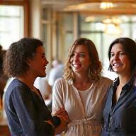 A small group of diverse, smiling adults engaging in a relaxed conversation in a beautiful, light-filled communal space, fostering social connection.