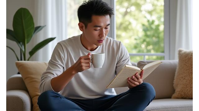 Mark Chen enjoying a peaceful morning routine in his organized home, perhaps doing light yoga or reading.
