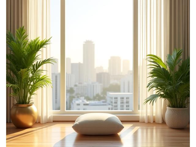 Serene meditation space designed for urban dwellers, featuring natural light, green plants, and a comfortable cushion. A Miami skyline is softly blurred in the background, suggesting tranquility amidst the city.