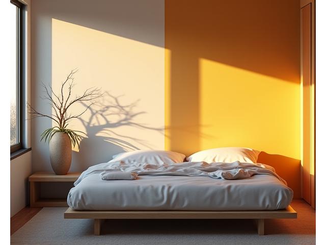 Bedroom with smart lighting system transitioning from energizing daylight to soft, warm evening light
