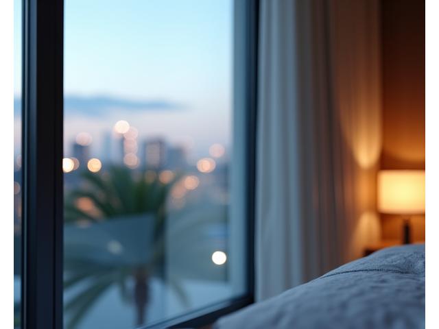 Close-up of a well-insulated, soundproofed window in a bedroom, filtering out urban noise
