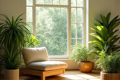 Serene sunlit room with indoor plants, comfortable chair, and a view of nature
