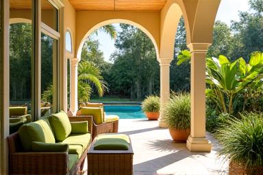Senior couple enjoying a spacious biophilic patio in Miami with comfortable outdoor furniture
