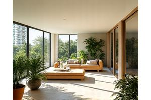 After image of a bright, open living room with plants and natural light